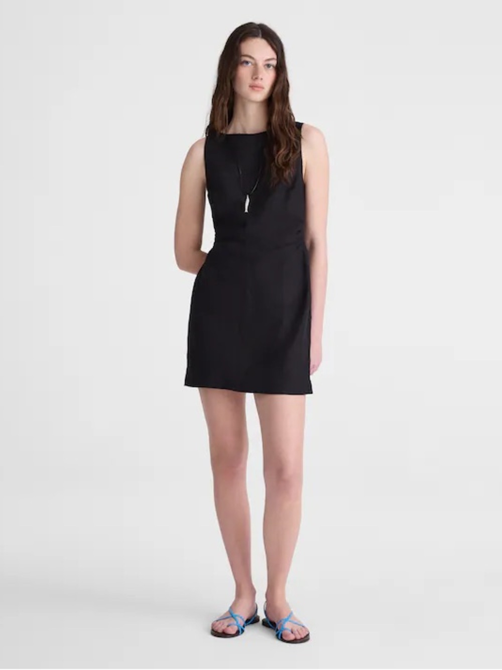 Madewell Boatneck Shirred Mini Dress in 100% Linen black OA320 Size 6 NWT